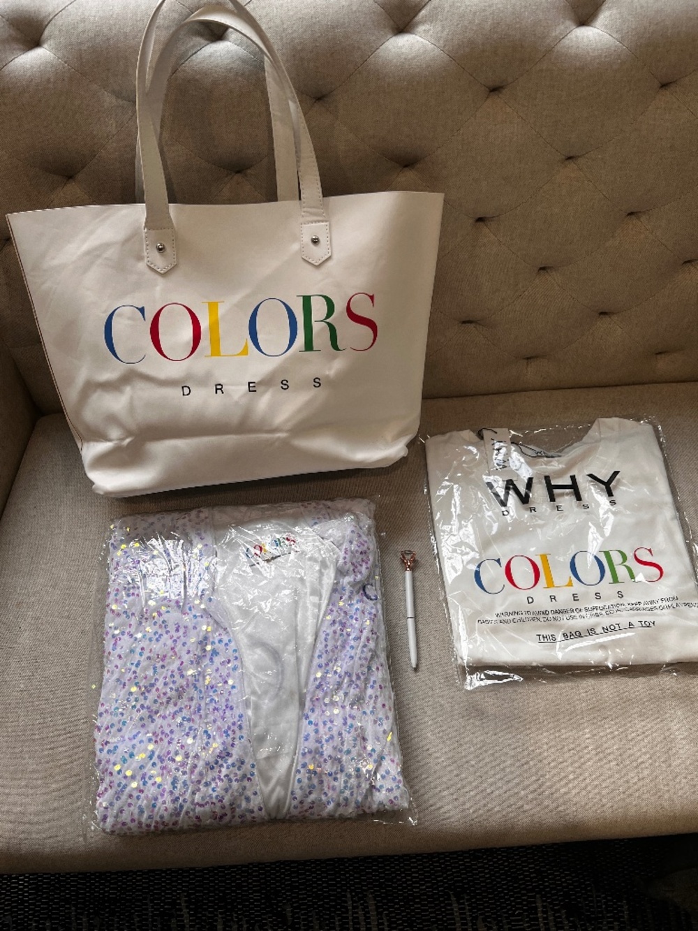 Colors Dress Market SWAG BAG Bundle-XL Tee+Sequin Glam Robe+Tote+Diamond Pen